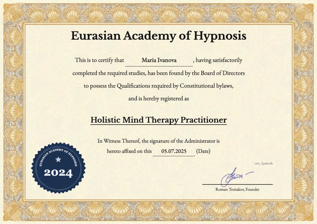 Бланк сертификата Holistic Mind Therapy Practitioner
